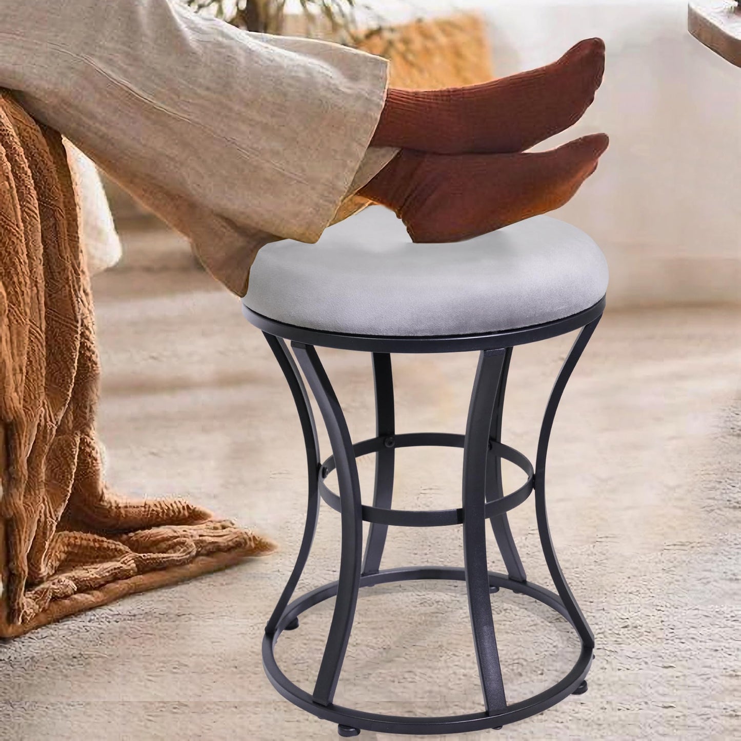 Ellensamqi Vanity Stool Chair, Grey Stools for Makeup Room, Round Ottoman Foot Stool, Velvet Footrest Vanity Chair for Bathroom, Bedroom, Living Room Furniture, Entryway, Offices