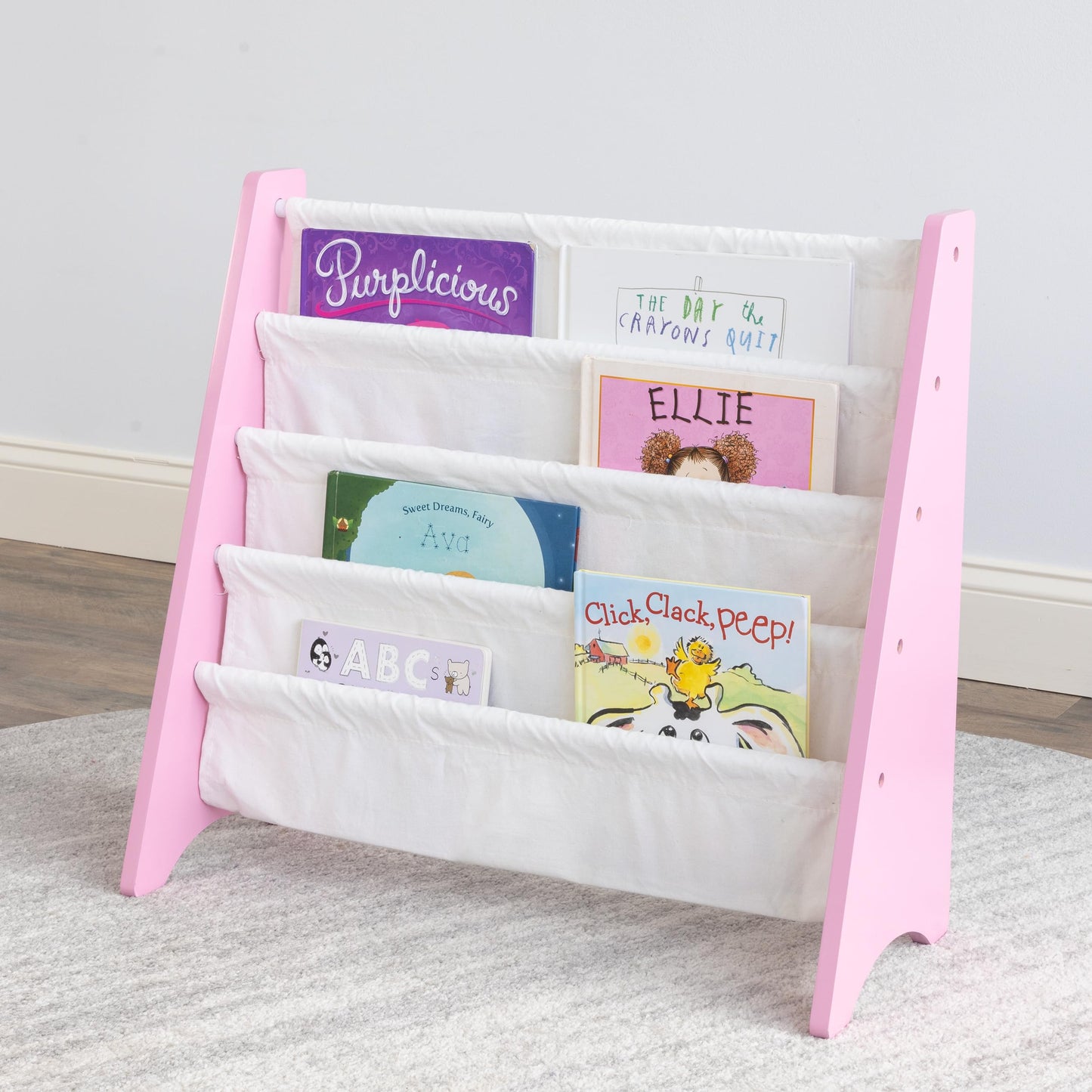 Humble Crew Kids Bookshelf, 4-Tier Front-Facing Book Display Organizer, Montessori Toddler Bookcase for Playroom, Bedroom & Reading Corner, Pink/White