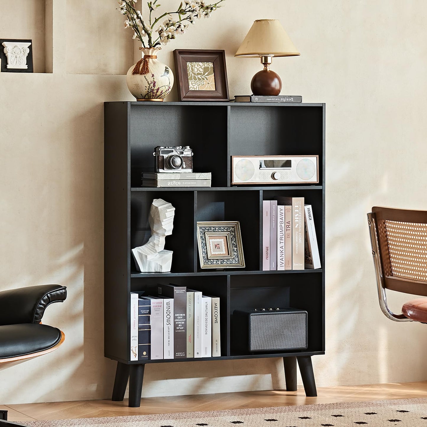 LEYAOYAO 7 Cube Black Bookshelf, 3 Tier Modern Bookcase with Legs, Wood Cubeicals Organizer Storage Open Shelves, Retro Display Book Shelf, Freestanding Short Book case for Bedroom,Living Room,Office