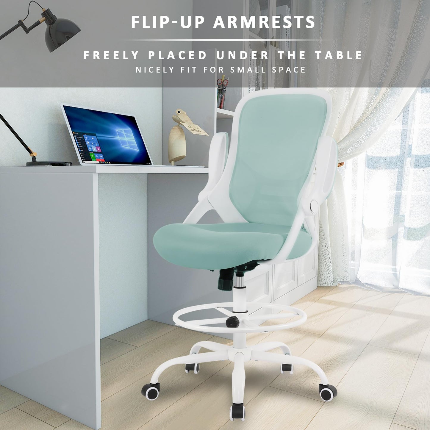 HYLONE Drafting Chair Tiffany Blue, Tall Office Chair Standing Desk Stool with Adjustable Height, Foot Ring, Flip-Up Arms, Mesh High-Back Office Chair, White