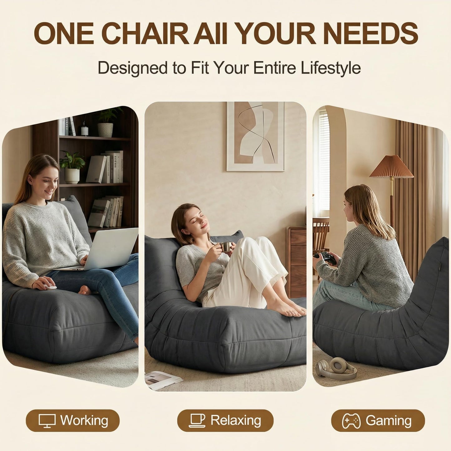 Gazecaia Comfy Bean Bag Chair for Adults Teens | Fireside Floor Lounge Chair,Soft Suede High-Resilience Memory Foam Bean Bag Couch with Non-Slip Base,for Living Room Bedroom Apartment Office,Dark Gray