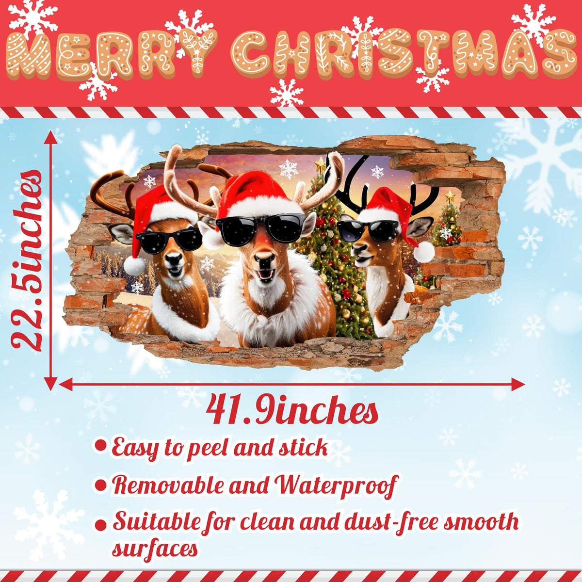 Christmas Wall Stickers Decoration Merry Christmas Wall Decals Peel and Stick 3D Winter Broken Walls Sticker Indoor Xmas Cartoon Deer Vinyl Art Mural for 2026 New Year Holiday Party Supplies