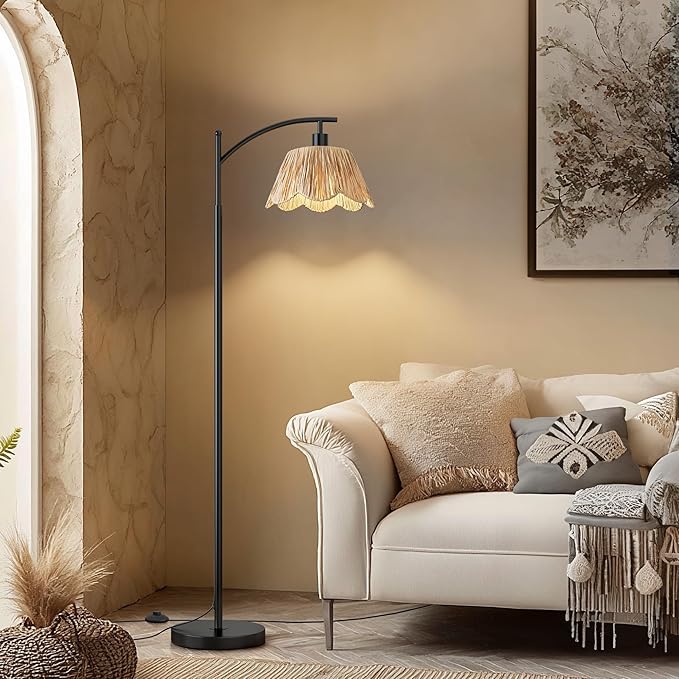 Oneach Boho Rattan Floor Lamp for Living Room, Farmhouse Standing Lamp