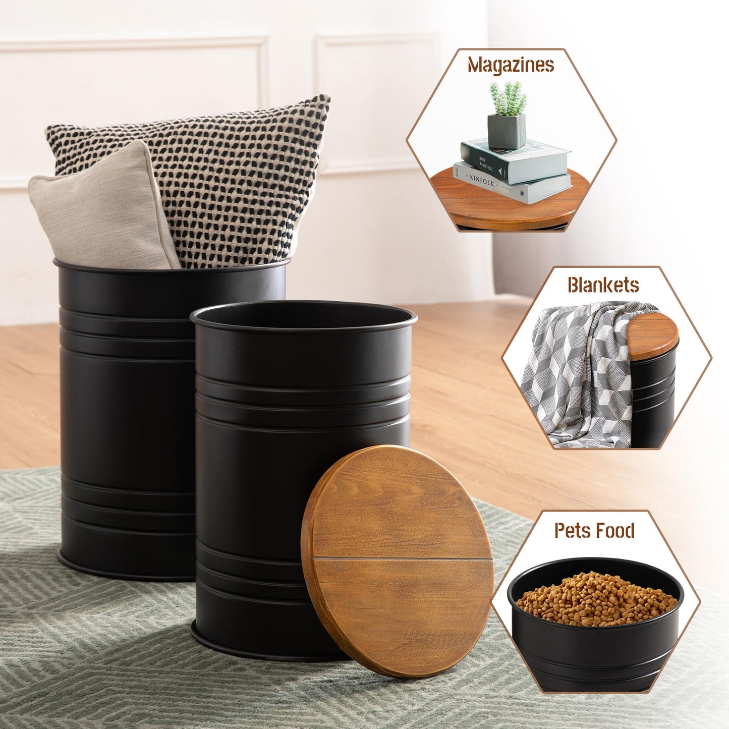 Glitzhome Rustic End Table Set of 2, Farmhouse Galvanized Metal Barrel Ottoman Storage Stool with Round Wood Lid for Living Room Furniture, Black