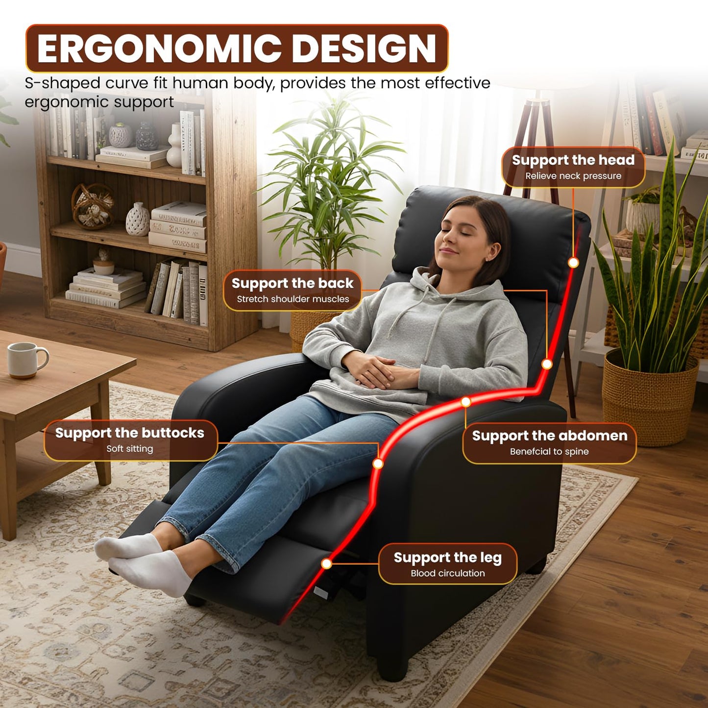 FDW Recliner Chair for Living Room Home Theater Seating Single Reclining Sofa Lounge with Padded Seat Backrest (Black)