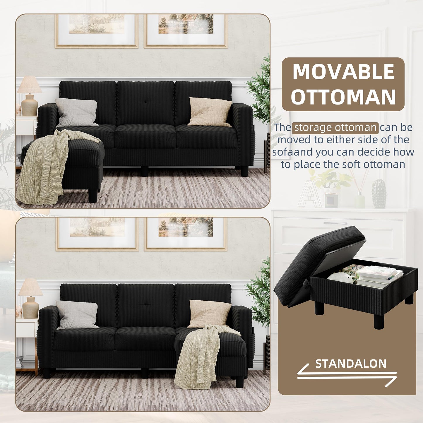 Convertible Sectional Sofa with Storage Ottoman, 77” L-Shaped 3-Seat Couch with Skin-Friendly Corduroy Fabric, Reversible Small Sectional for Small Space, Apartment, Living Room and Office(Black)