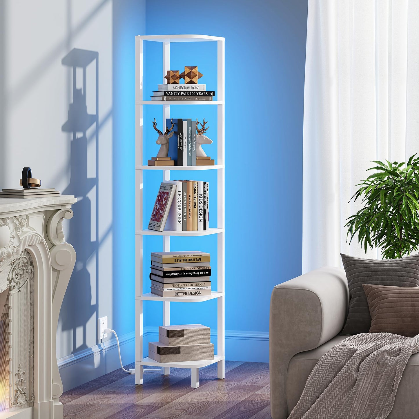 TUTOTAK Corner Shelf with LED Light, 6-Tier Corner Bookshelf for Small Space, Narrow Display Corner Shelf Stand with Storage Rack, for Living Room, Bedroom, White BS08BW006L