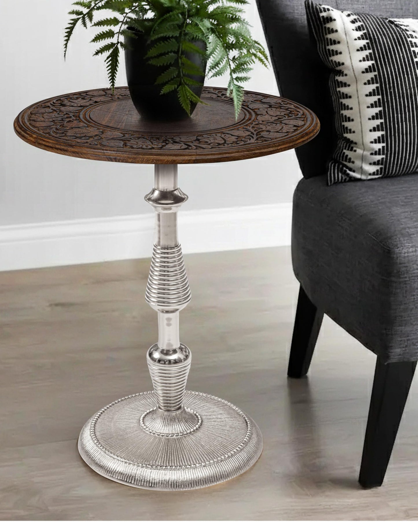 The Wooden Town Side Tables-Hand Carved Vintage Boho Folding End Tables for Living Room, Entryway,Living Room, Bedroom -No Tools Assembly, 18"x22" Burnt Brown with Silver Aluminium Alloy_Spiral