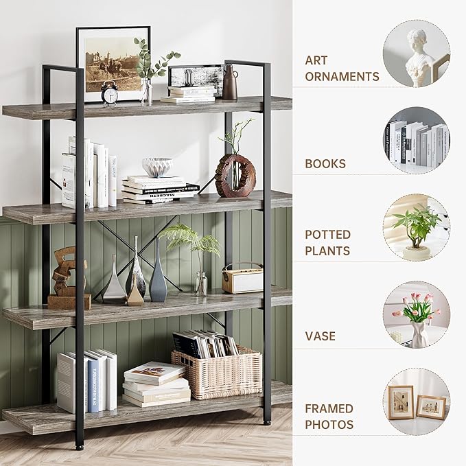 OtterOasis Bookshelf Set of 2, Heavy Duty 4-Tier Industrial Bookcase, 120lbs