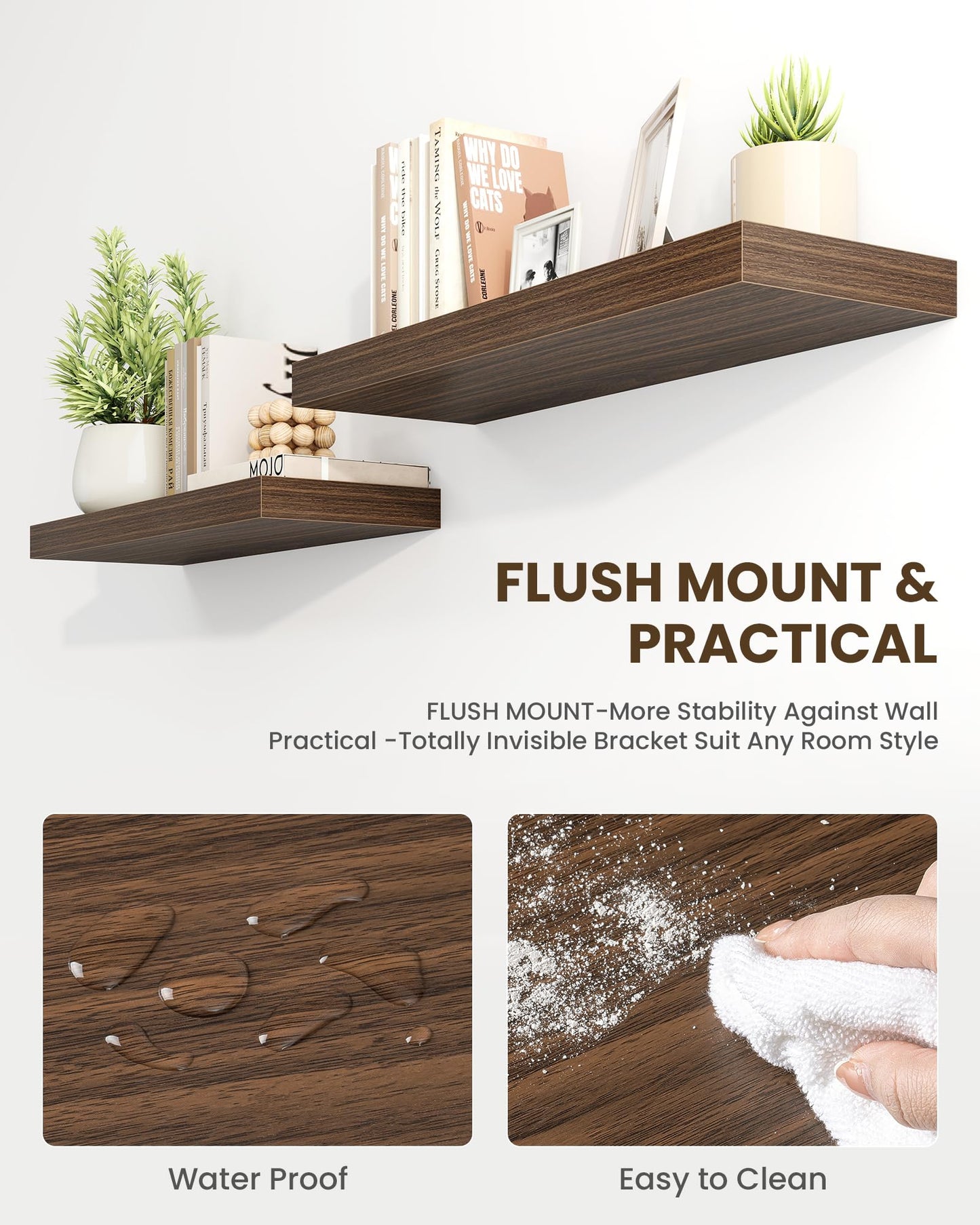 Marsmiles 16" Floating Shelves for Wall, Wooden Shelves with Invisible Brackets Set of 2, Rustic Farmhouse Wall Mounted Shelf for Kitchen Bathroom Living Room Study, Walnut