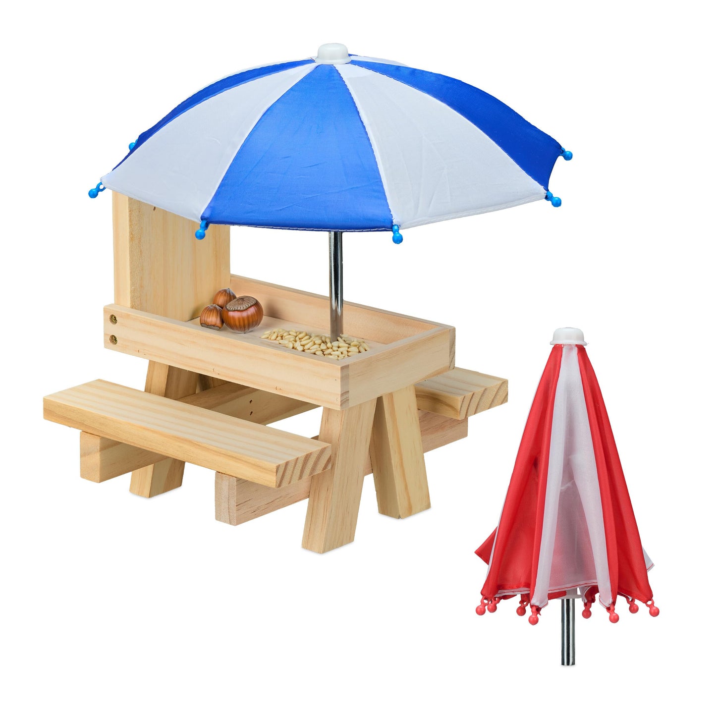 Relaxdays 1 x Wooden Squirrel Bench with 2 Umbrellas, Squirrel Picnic Table Hanging Light Brown