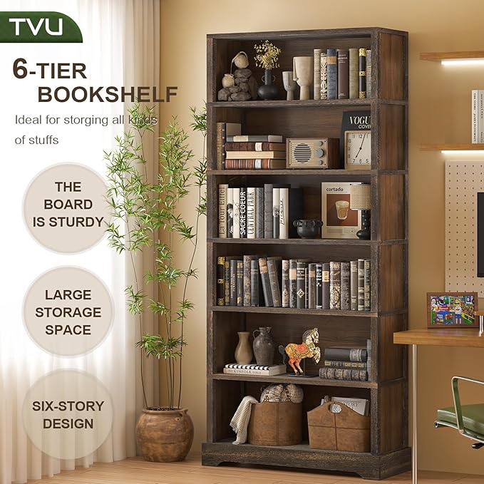 TVU 6-Tier Wooden Book Shelf, Floor-Standing Display Bookcase, 77.2" H x 31.5"