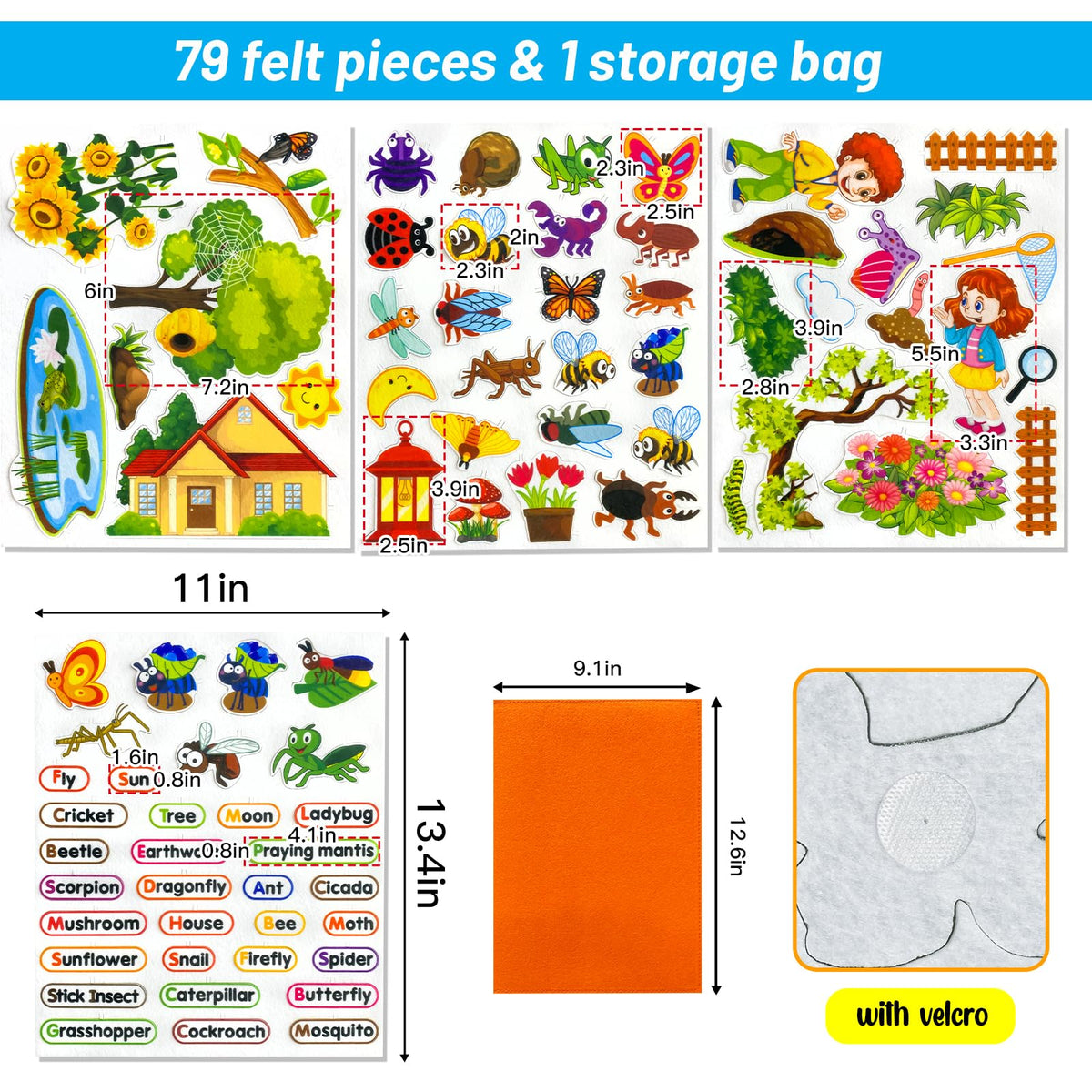 PENGFULL Felt Flannel Board Story Pieces for Toddlers Preschool,Kids Interactive Storytelling Teaching Play Kits for Flannel Board,with Words Felt Pieces(Insect Butterfly)