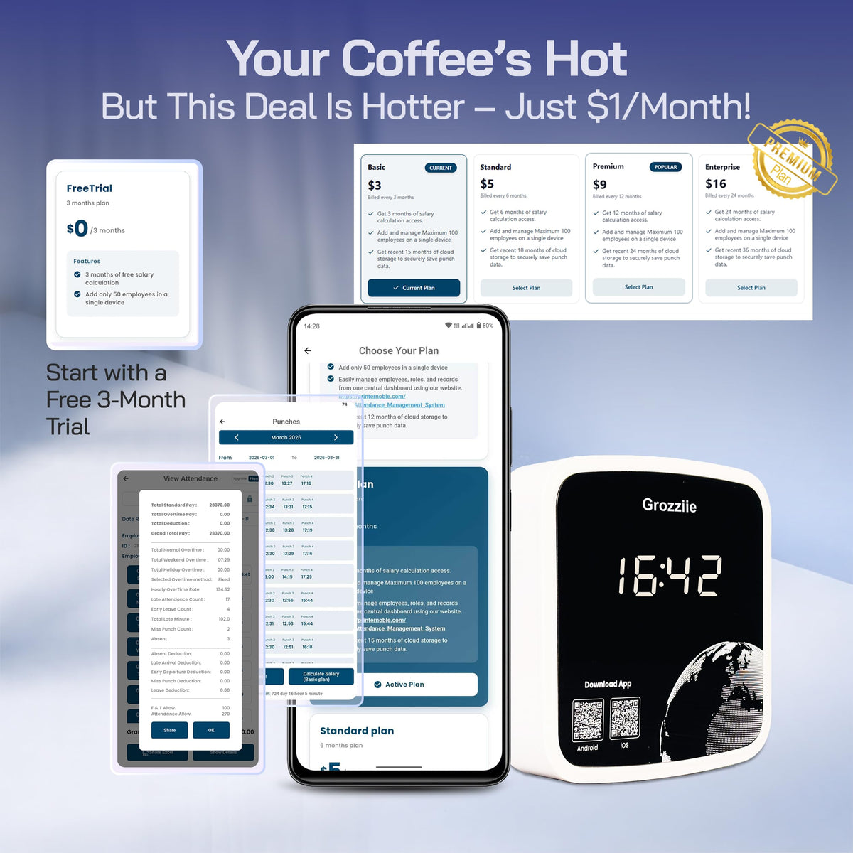 TIMOZIA Cloud-Based Face Attendance Machine, Facial Recognition Time Clock with Mobile App Integration | Auto Salary Calculation & Multi-Branch Support for Businesses | iOS & Android APP