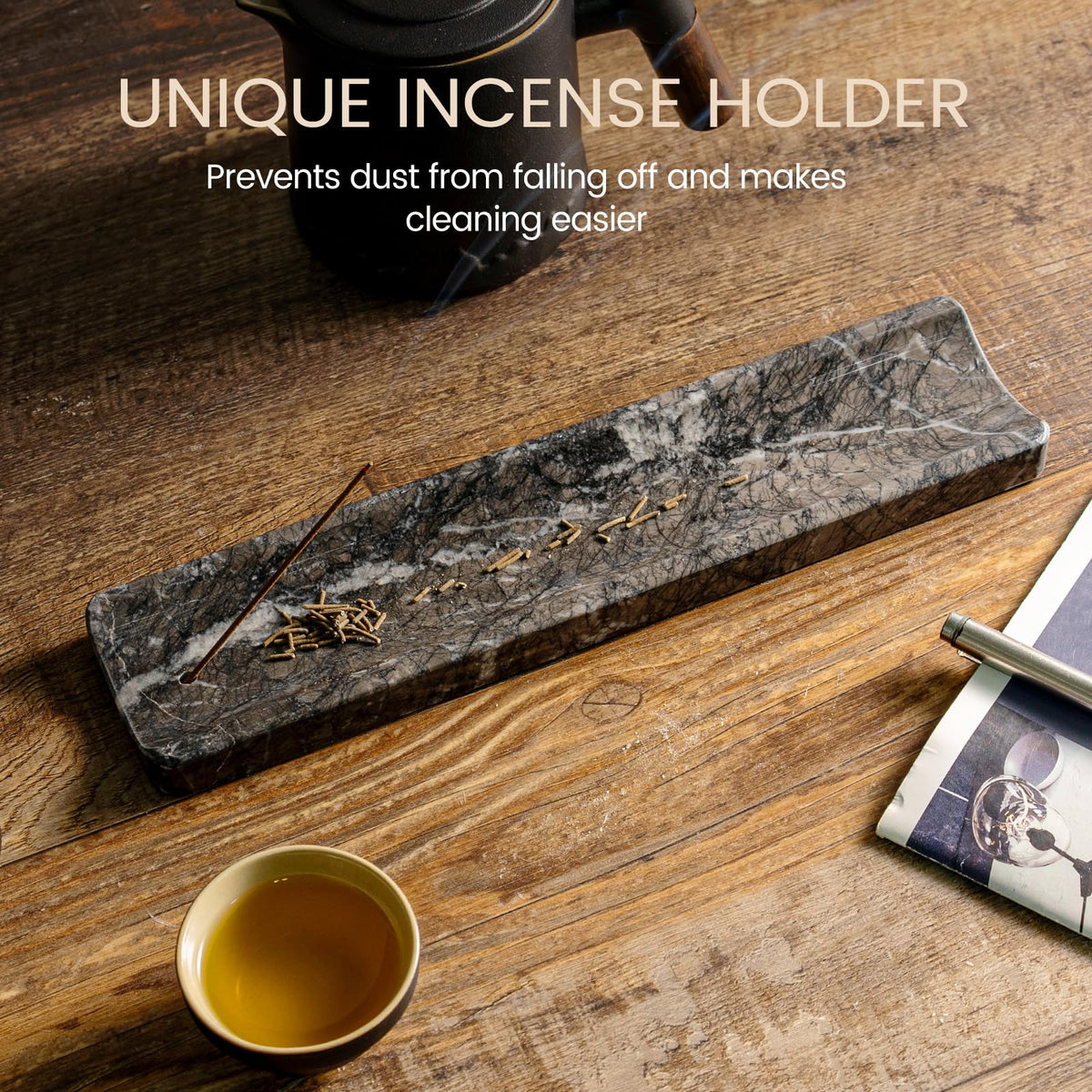 Koville Marble Incense Holder, Incense Holder for Sticks, Incense Sticks Holder Ash Catcher for Meditation Yoga SPA, Natural Stone Incense Burner, Home Table Decor (Black)