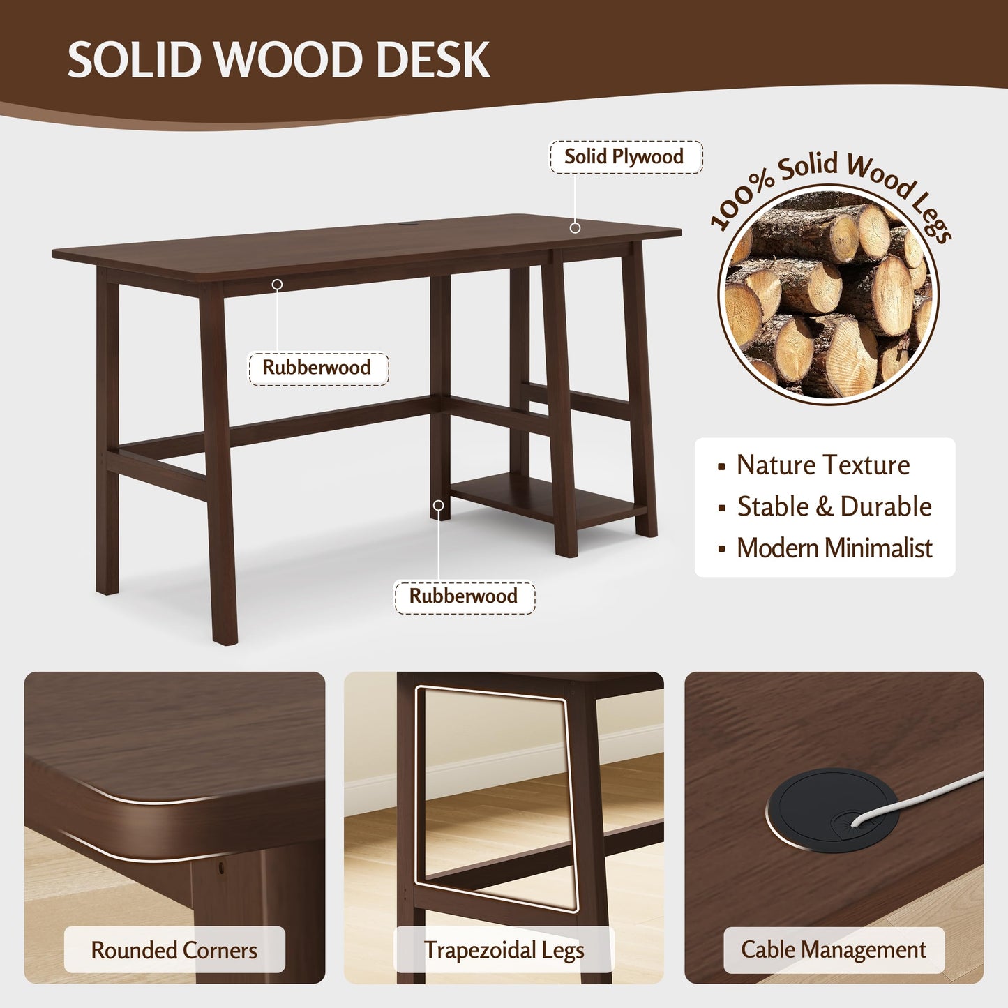 NELYE Solid Wood Computer Desk - 52" W x 24" D Modern Minimalist Table with Shelf，Sturdy Computer Workstation for Home Office, Oak
