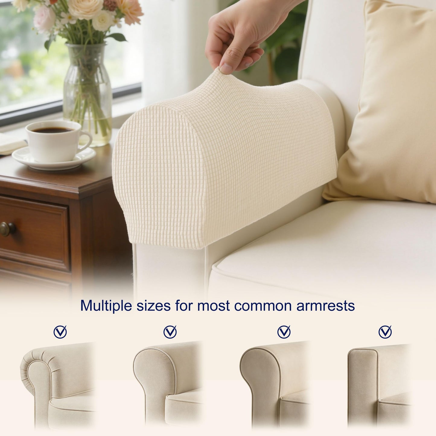 SUBRTEX Stretch Large Couch Arm Covers Set of 2, Checkered Sofa Arm Slipcovers, Anti-Slip Armrest Covers for Recliner and Armchairs, Pet Proof, High Stretchy, Hook & Loop Tape,Ivory (Large,Ivory)