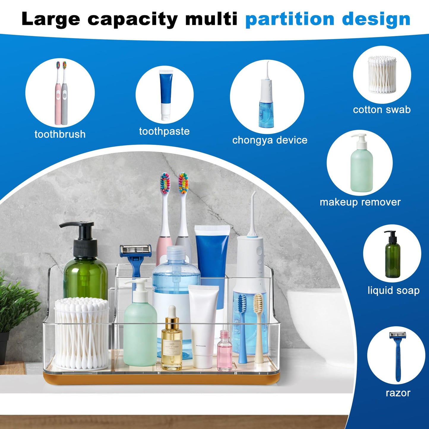 LAREKUN Gold Vanity Bathroom Countertop Storage Rack Lipstick & Makeup Brush Organizer Skincare Storage Box for Vanity Ideal for Bathroom, Living Room, and Kitchen Organization