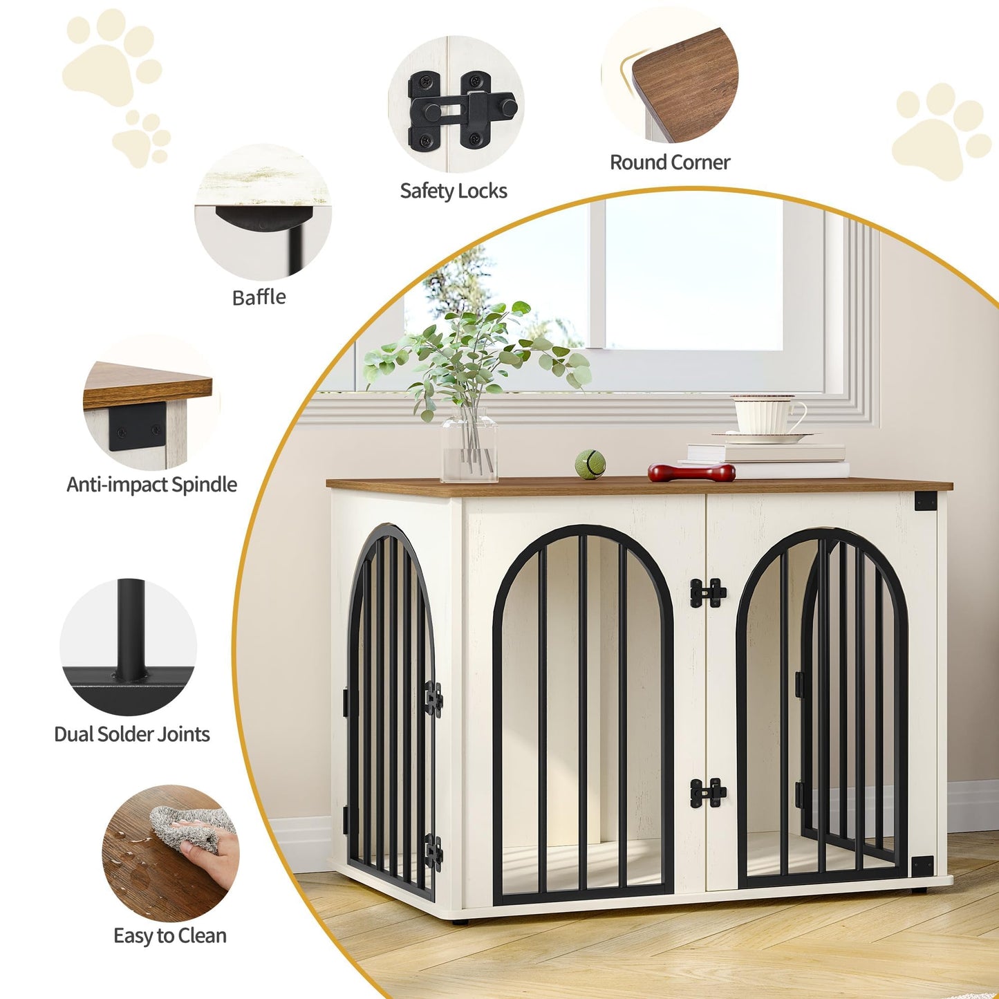 Hzuaneri 31.5'' Wooden Dog Crate Furniture, Indoor Dog Kennel Dogs Cage for Small/Medium Dogs, Heavy Duty Dog Crates Decorative Pet House End Side Table TV Stand, White Brown DFC85114B