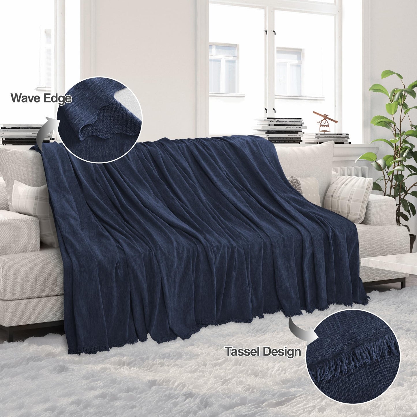 HDCAXKJ Corner Sectional Couch Covers for Dogs L Shape Sofa Cover with Tassel Chenille Super Soft Non Slip U Shaped Couch Cover Blanket Washable Pet Sectional Slipcovers Protector (Navy, 91x276 inch)