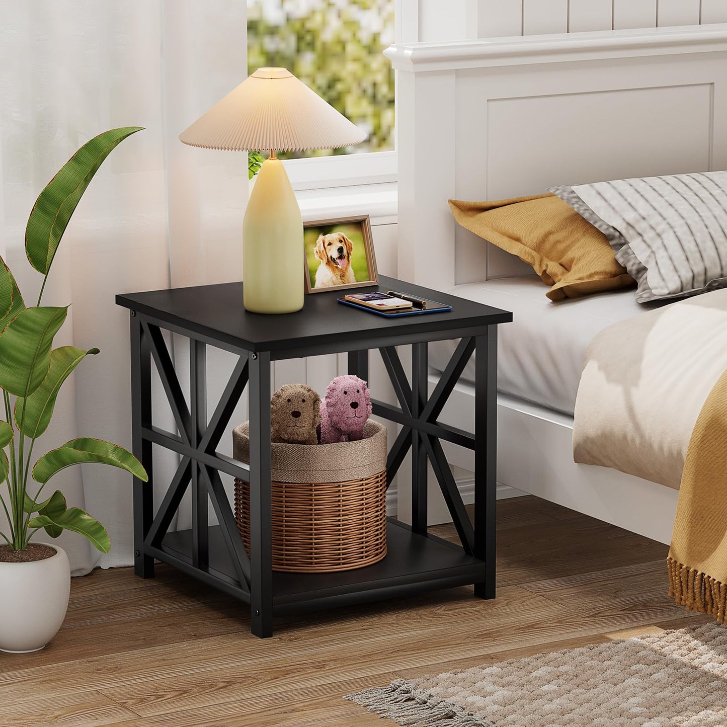 GreenForest End Table with 2-Tier Storage Shelf, 24 inch Large Side Table for Living Room, Modern Nightstand for Bedroom Bedside Office Farmhouse, Black