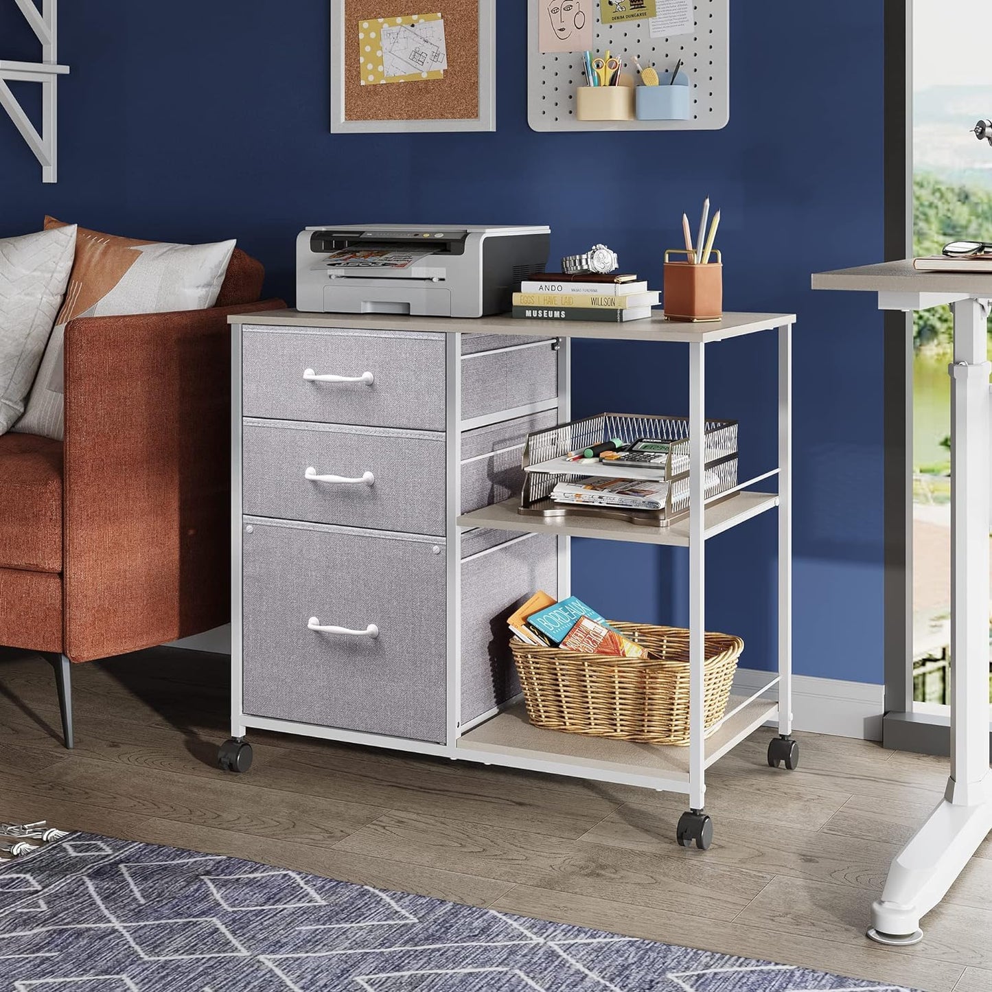 DEVAISE 3 Drawer Mobile File Cabinet, Rolling Printer Stand with Open Storage Shelf, Fabric Lateral Filing Cabinet fits A4 or Letter Size for Home Office, Light Grey