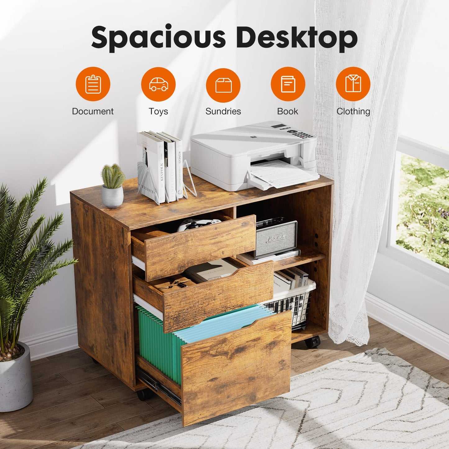 UOCFYK File Cabinet with 3 Drawers, Mobile Lateral Filing Cabinet with Open Storage Shelves for Home Office Under Desk Storage, Brown