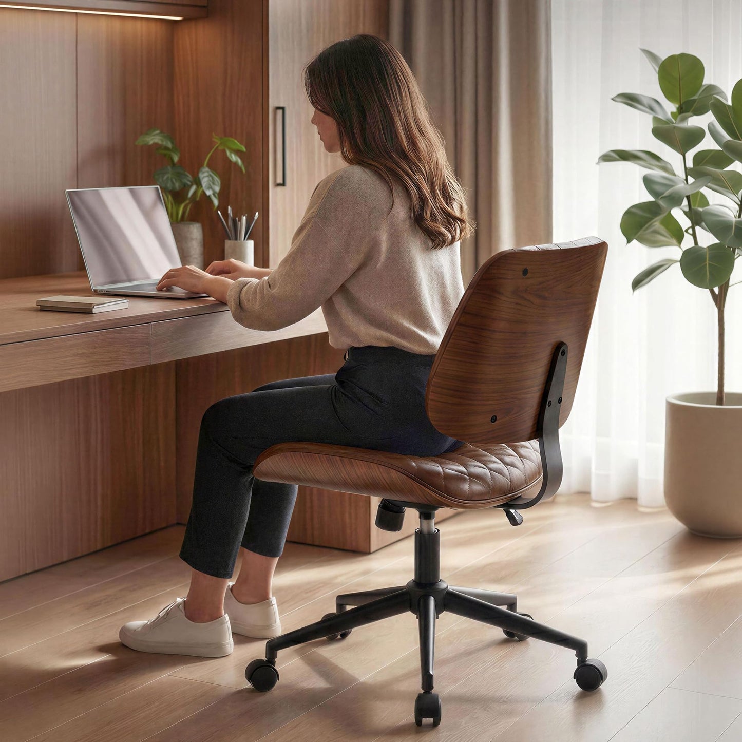 Furnimart Armless Small Desk Chair with Wheels, 360° Swivel Faux Leather Vanity Chair for Bedroom, Compact Home Office Task Chair for Small Spaces, Heavy-Duty Wood Frame(PU Brown)