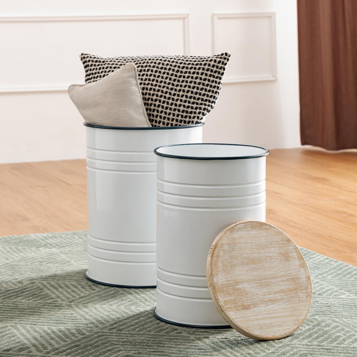 Glitzhome Rustic Storage Ottoman Seat Stool, Farmhouse End Table, Galvanized Dark Blue Rim Imitation Enamel Accent Side Table Toy Box Bin with Round Wood Lid for Living Room, Set of 2, White