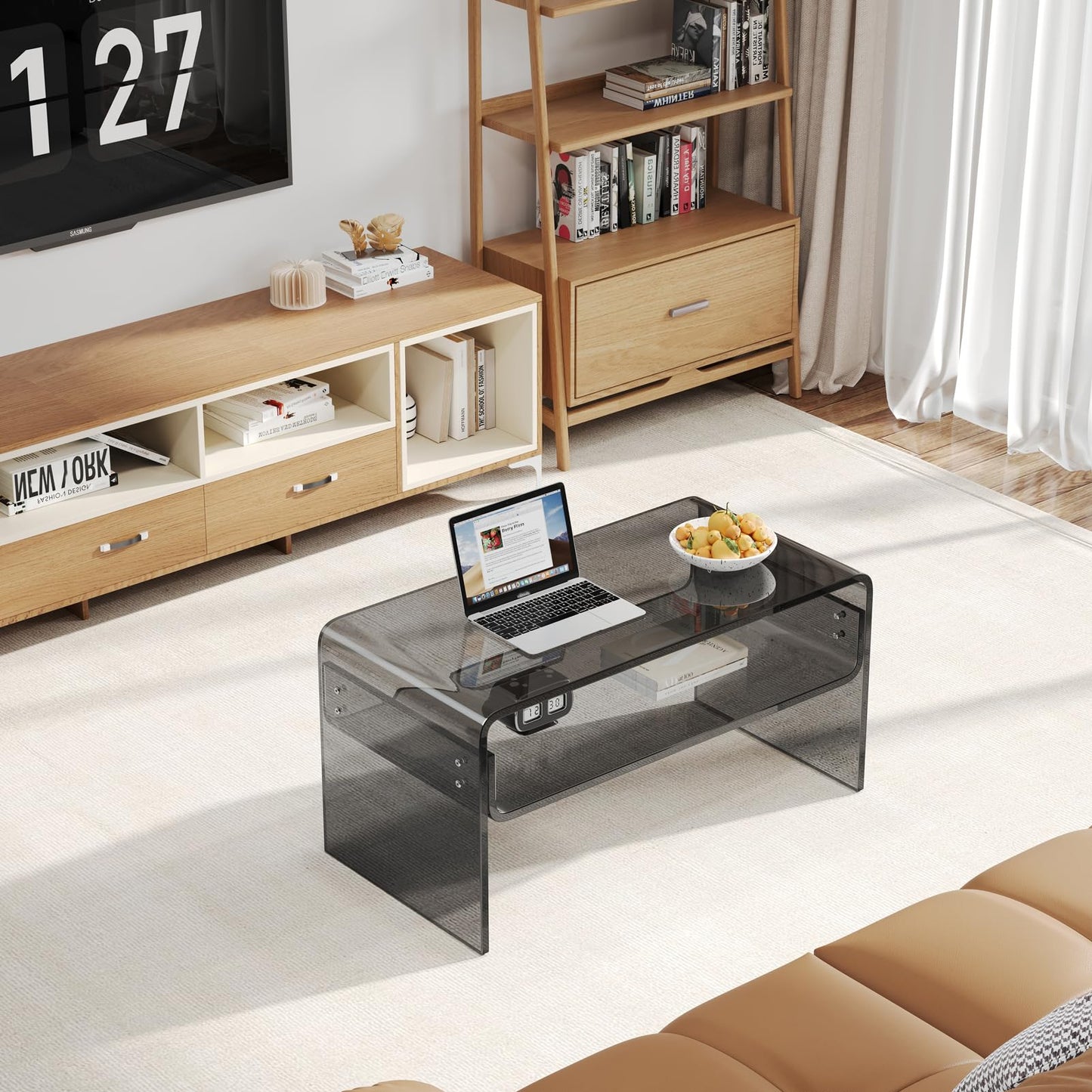 XOHYW Acrylic Coffee Table, Black Rectangle Modern Side Table Furniture, Tea Table with Open Storage, Suitable for Living Room, Office Reception and Bedroom