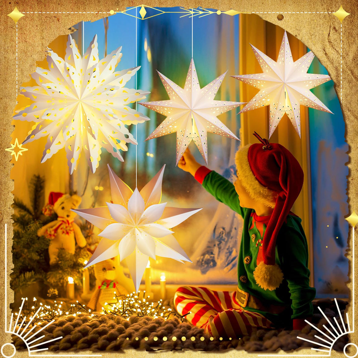 Watersay 6 Pack Winter Snowflake Paper Lantern Star Paper Lanterns with 6 LED Light White Hanging Lamp Ornaments for Christmas Winter Weddings Birthday Holiday Party Decoration(Classic Style)