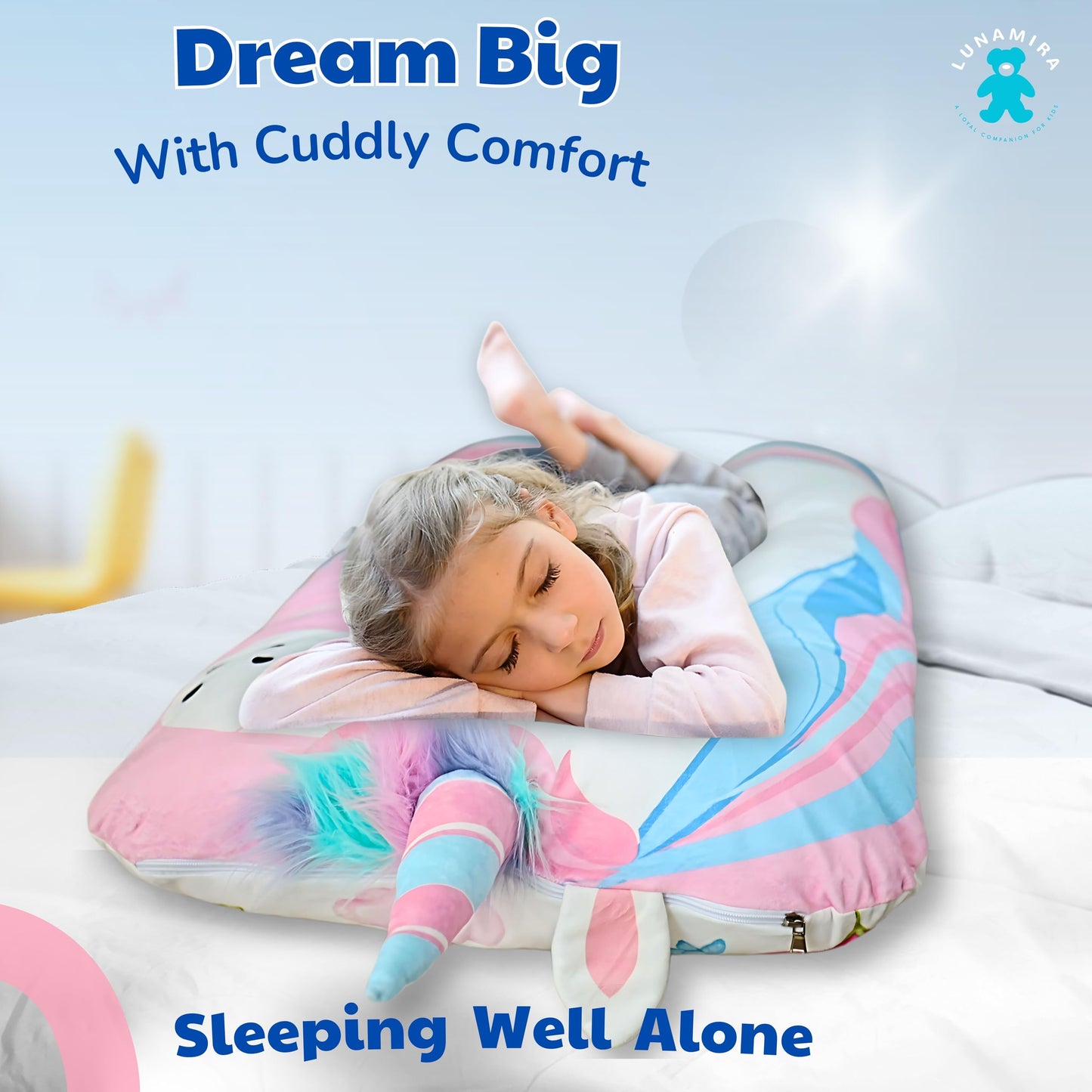 LUNAMIRA Unicorn Kids Body Pillow - 47" U-Shape Long Plush Soft Animal Pillow for Sleeping, Reading, ADHD & Special Needs Comfort, Anxiety, Washable Cover, Snuggle Cuddle for Boys & Girls