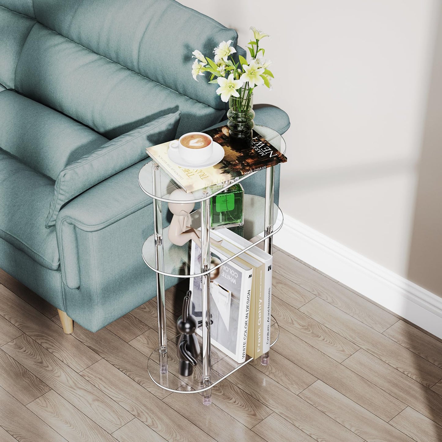 Bkemiy Clear Acrylic Narrow Side Table Set of 2 for Small Spaces, 15.75" L x 7.87" W x 24.6" H, 3 Tier Oval Slim End Table Nightstand, Small Skinny Bedside Table for Bedroom, Bathroom, Living Room