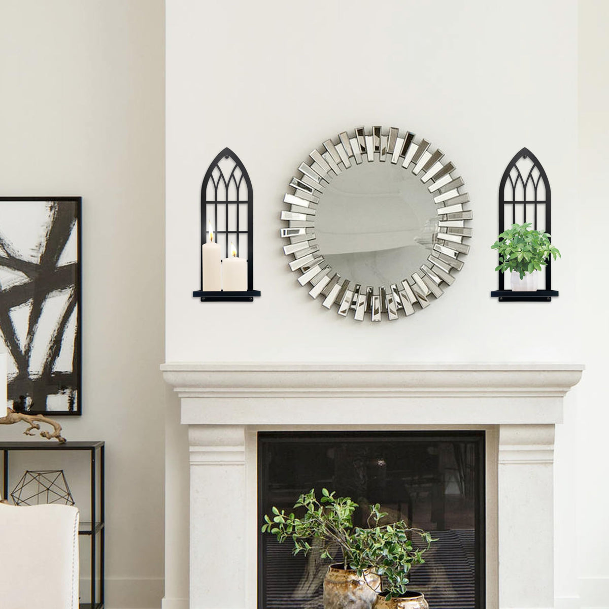 Gothic Wall Sconces Set of Two Candle Holder, Black Metal Gothic Wall Decor, Arched Church Wall Sconces, Rustic Farmhouse Home Wall Art Decor for Living Room, Bathroom, Bedroom, Dining Room(Arched)