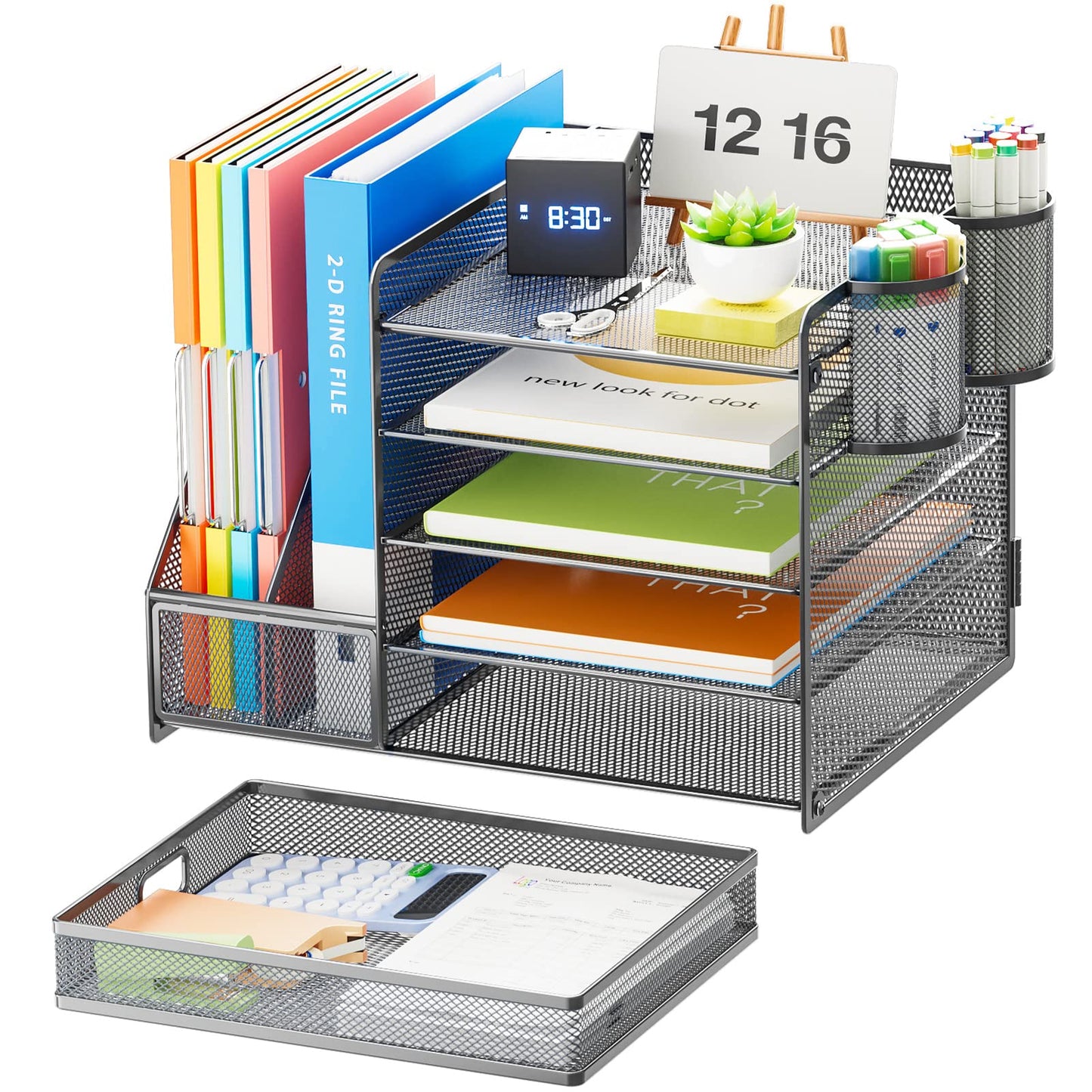 Marbrasse 5-Tier Paper Letter Tray Organizer with Drawer and Pen Holder, Mesh Desktop Organizer and Storage with Magazine Holder for Office Supplies (Grey)