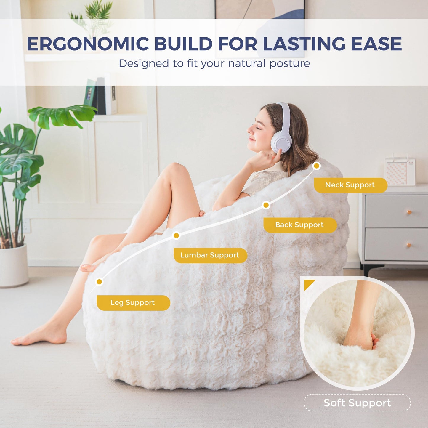 MAXYOYO Giant Bean Bag Chair for Adults, Stuffed Shell-Shaped Large Bean Bag Couch, Cozy Living Room Chair with Filler, Floor Sofa Lazy Sofa for Bedroom Living Room, Beige