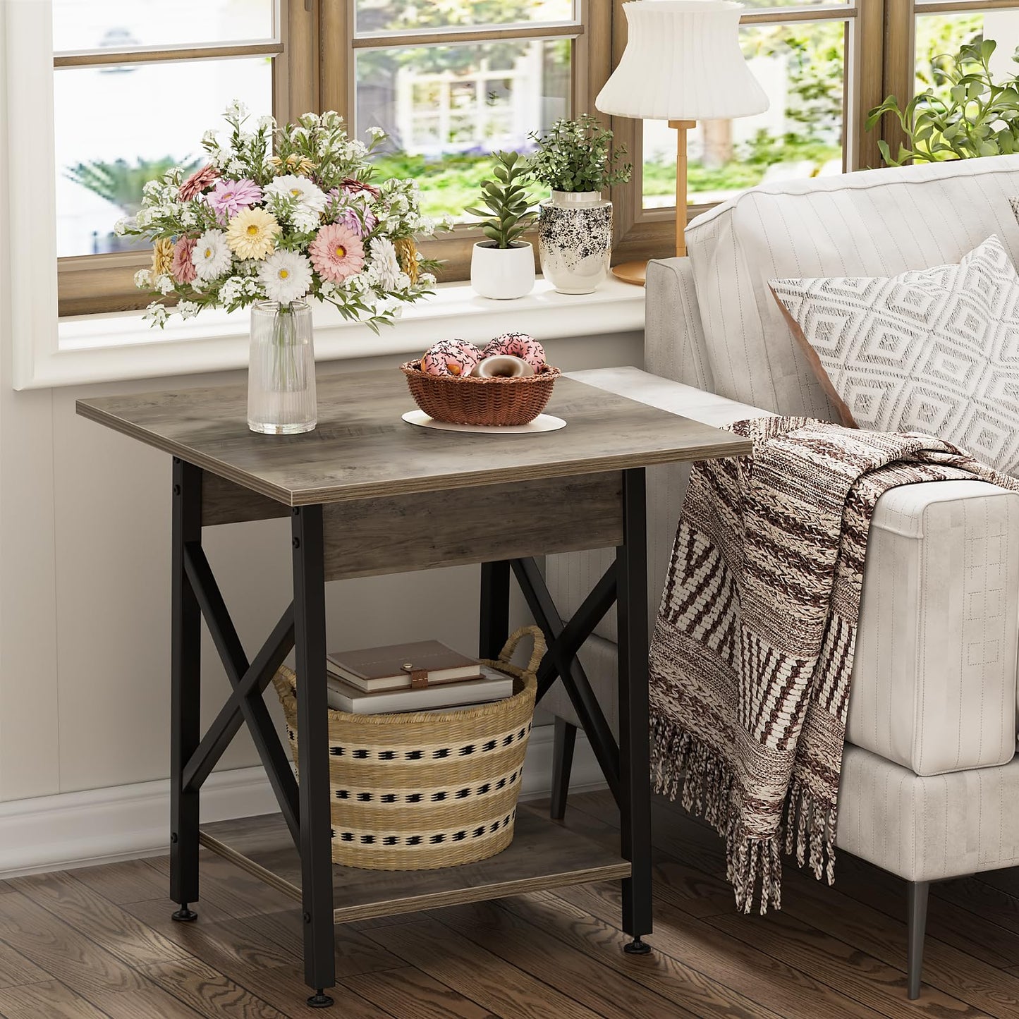 GreenForest Square End Table for Living Room, 24 Inch Large Side Table with X-Frame, Farmhouse Tall Bedside Nightstand with 2-Tier Storage Shelf, Gray Wash