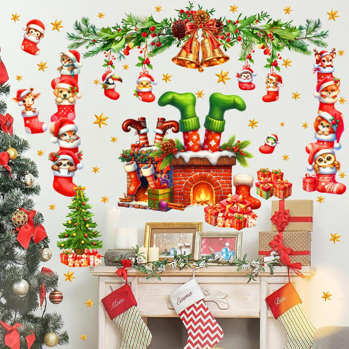 Christmas Fireplace Wall Decals Large Winter Pine Tree Branch Wall Stickers Xmas Bell Funny Animal Holiday Wall Decorations Removable Merry Christmas Wall Stickers Party Supplies