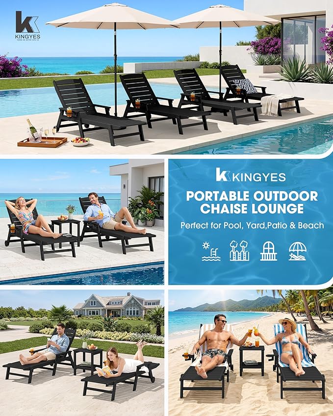 KINGYES HDPE Lounge Chair Outdoor Set of 2, Patio Chaise Lounge Recliner