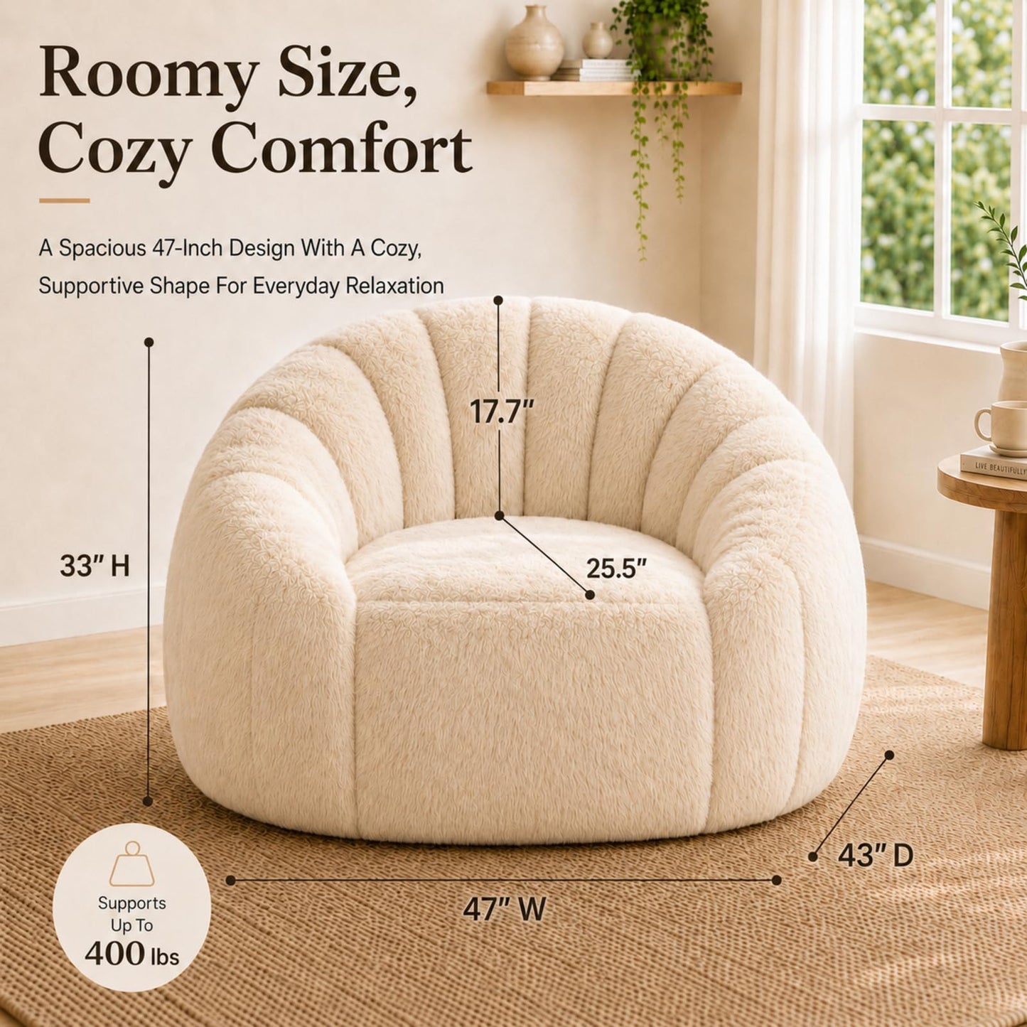 Giant Bean Bag Chair, Oversized Bean Bag Couch with Armrests for Adults, Cozy Faux Fur Shell-Shaped Lazy Sofa with High-Density Foam, Soft Comfy Floor Lounger Chair for Reading & Gaming, Beige