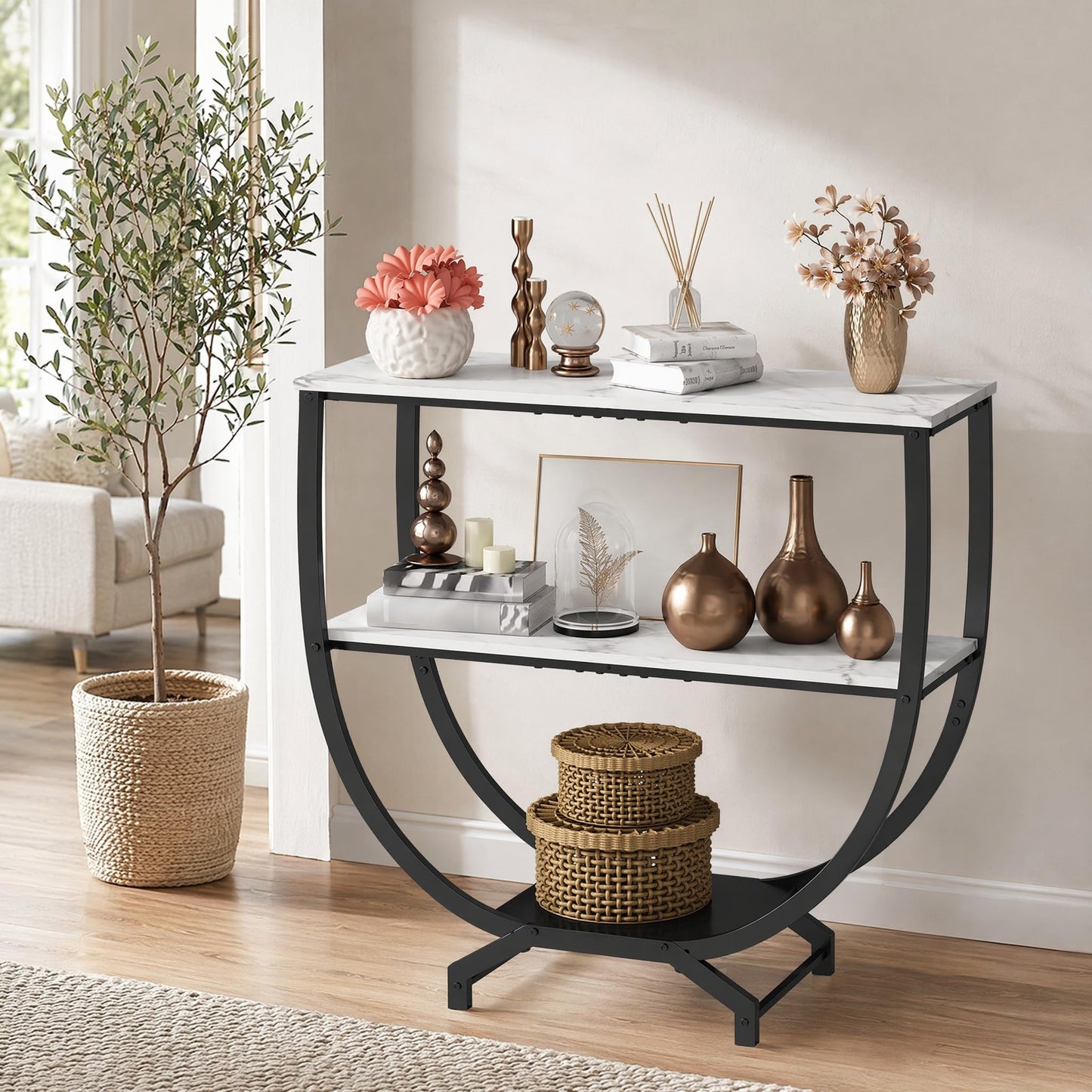 GILLAS 3 Tier Console Tables, 30" Height Entryway Table, Sofa Table Behind Couch Table, Industrial Entryway Furniture Entry Way Table with Storage for Living Room, Hallway, Entrance, White