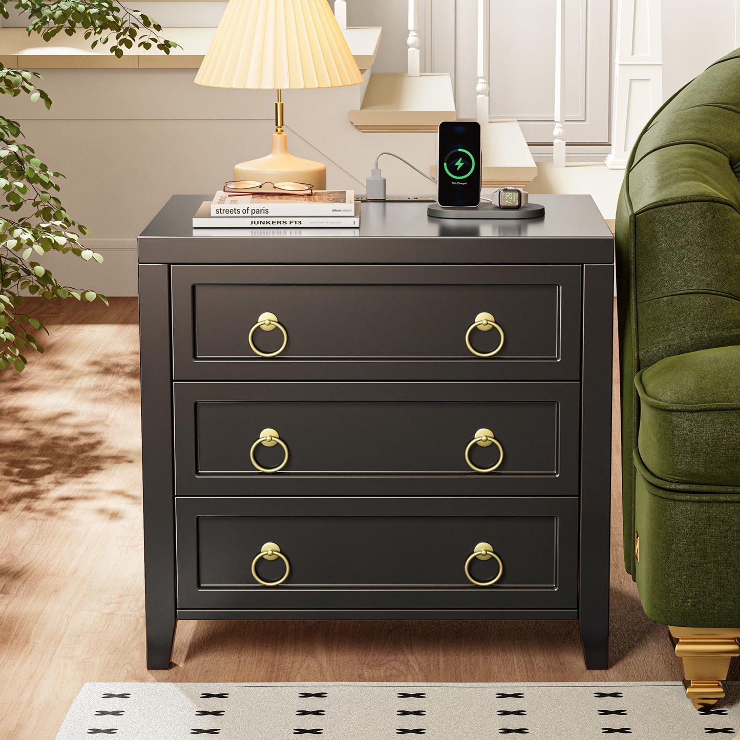 Huuger 23.6 Inch Night Stand with Charger Station and USB-C Port, 3 Drawer Nightstand, Larger Wider Bedside Table, Modern Side End Table, for Bedroom, Black Nightstand