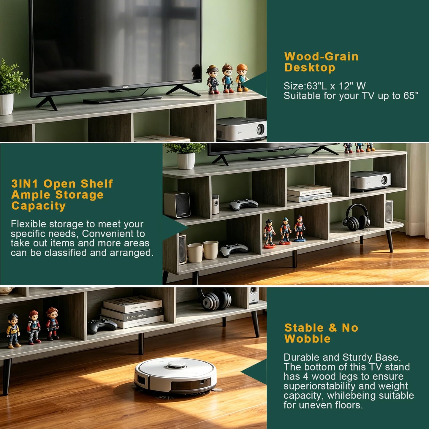 ACOHOOK 65" American Walnut TV Stand with Power Outlet,Large Media Console Table for TVs up to 75" with 8 Open Shelves,Entertainment Center for Living Room/Entrance/Kitchen/Sofa Cabinet,Easy Assembly