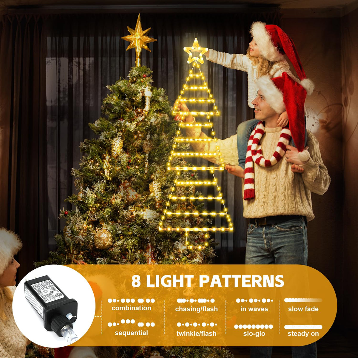 (New) Christmas Lights, 4.6ft Christmas Decoration with Star Topper, Hanging Xmas Ornament with 8 Modes, Tree-Shaped Santa Ladder for Doors, Walls and Windows - Warmwhite