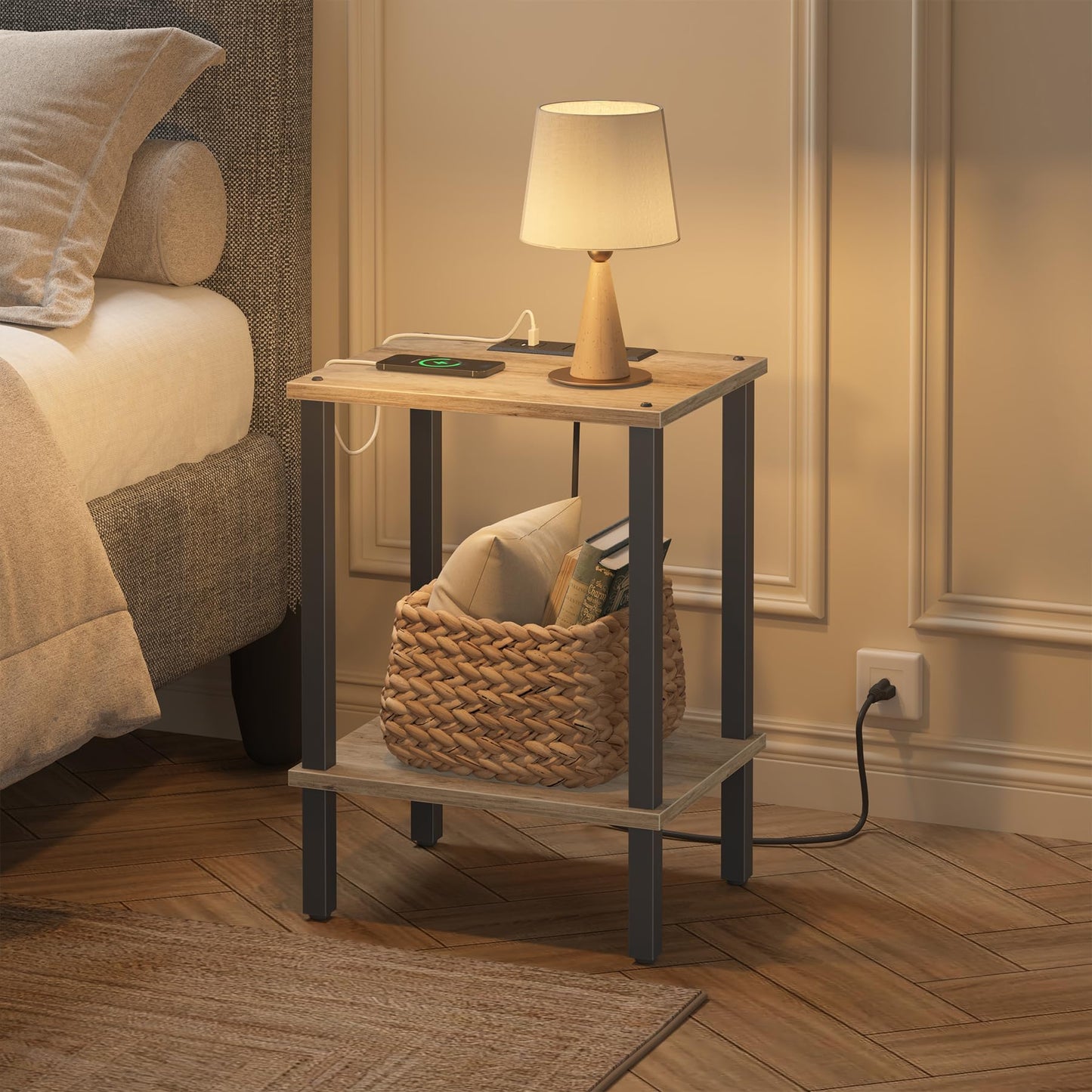TUTOTAK End Table with Charging Station, Small Side Table with Outlets, Nightstand Bedside Table, 2-Tier Storage Shelf for Small Space, Living Room, Bedroom, Greige TB01BG040