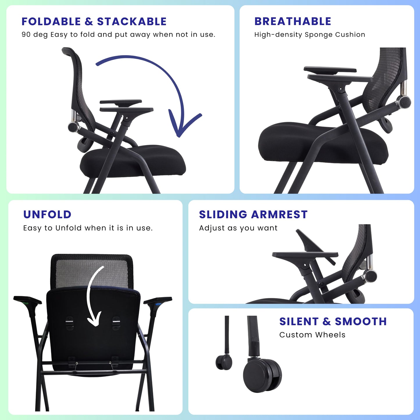 BROBRIYO PRO, Stackable & Foldable Conference Room Chairs with 2X Thick Cushion, Lumbar Support, Armrest - Mesh Bouncing Back for Office Meeting, Conference, Training Room Chair 1 Pack