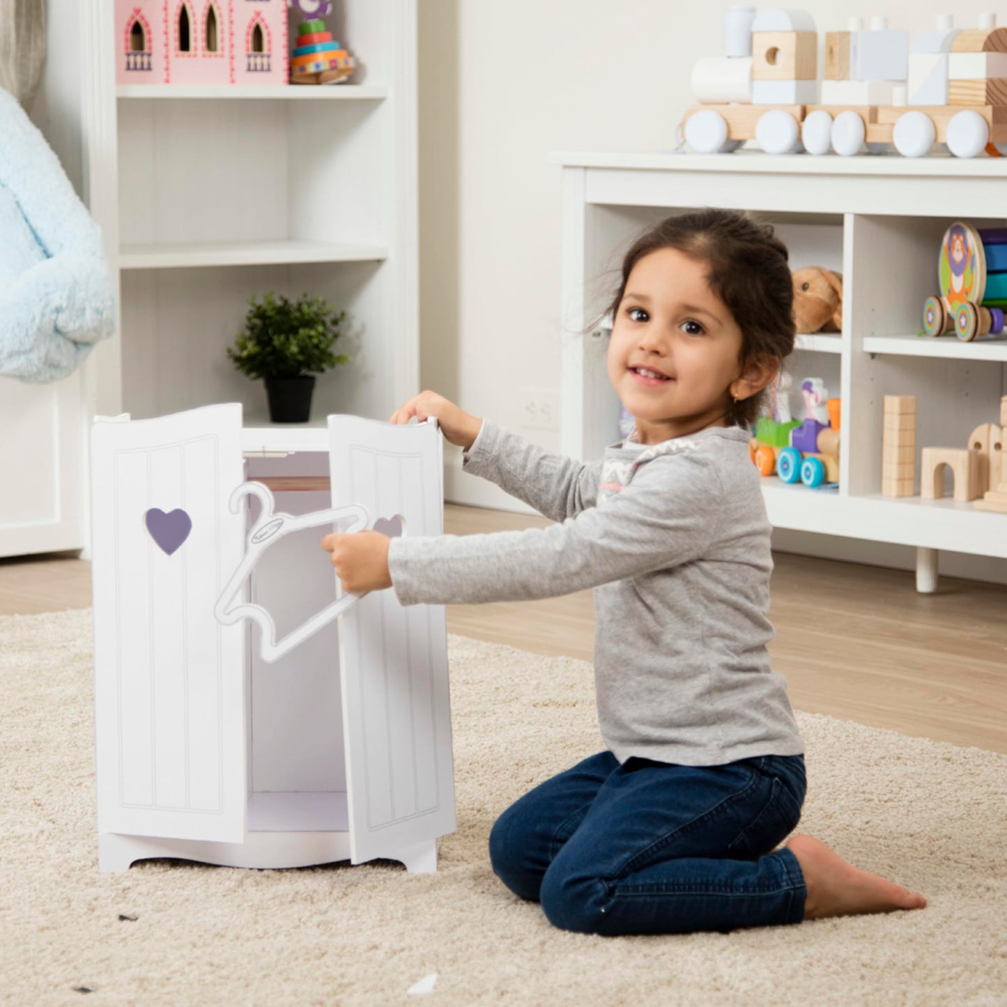 Melissa & Doug Mine to Love Wooden Play Armoire Closet for Dolls, Stuffed Animals - White (17.3”H x 12.4”W x 8.5”D Assembled) Wooden Pretend Play Closet, Doll Wardrobe