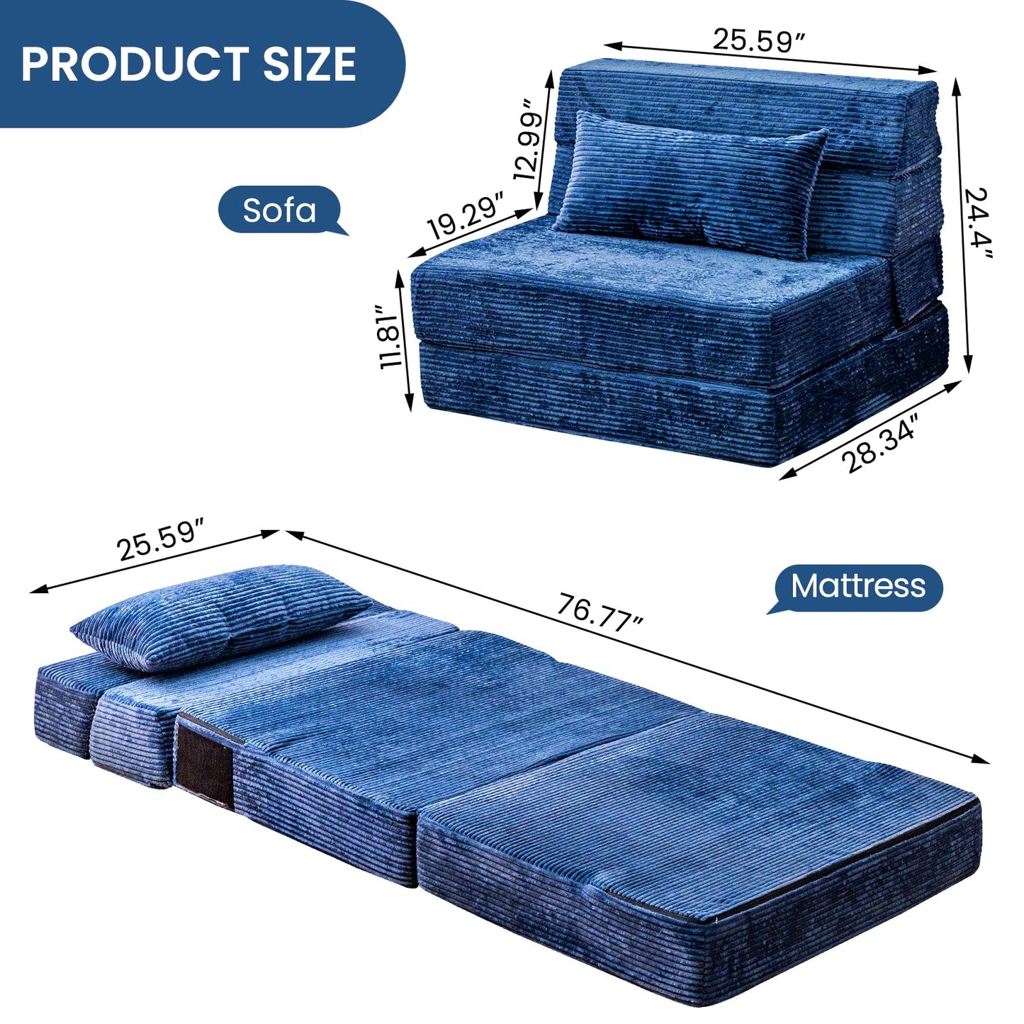 Cvortll Folding Sofa Bed, Convertible Sleeper Chair with Pillow, High Density Memory Foam Fold Out Couch, Foldable Mattress Futon Sofa for Living Room/Dorm/Guest Use/Apartment/Home Office
