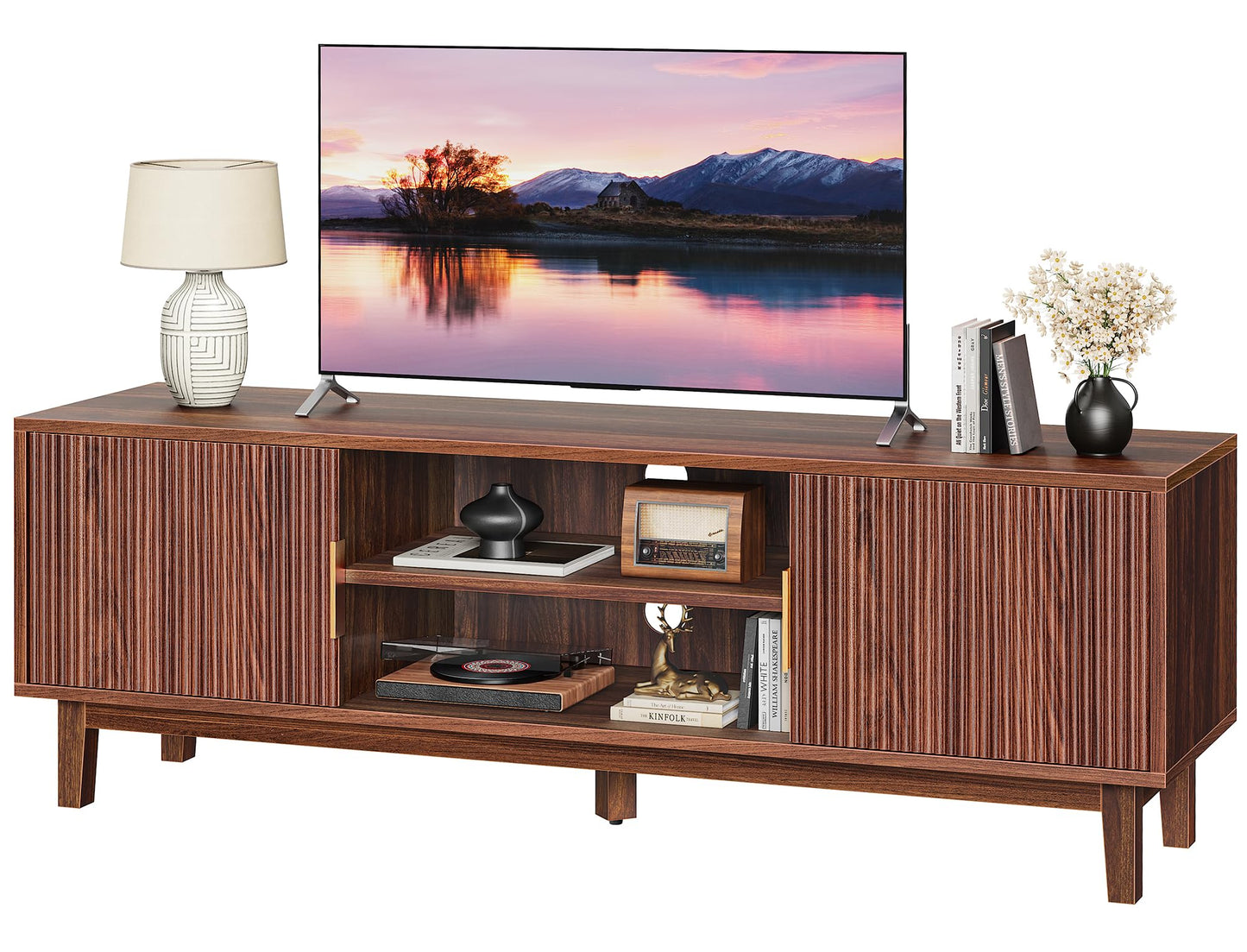 PRAISUN 54 Inch Fluted TV Stand for TVs Up to 55, 60 Inch, Mid Century Modern Entertainment Center with Storage, TV Console with Adjustable Shelves, Midea Console for Living Room Bedroom, Brown