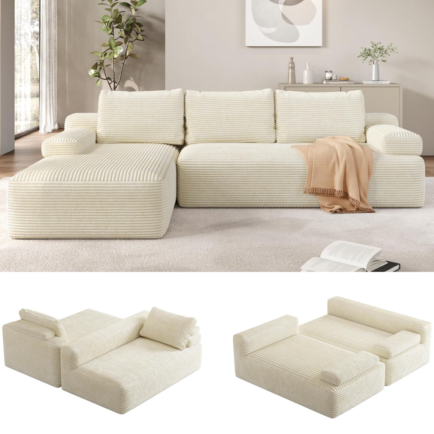 Yaheetech 110" Modular Sectional Sofa Corduroy Boneless Couch with Chaise L-Shape Cloud Couch with Detachable Pillows No Assembly Sofa for Living Room, Beige
